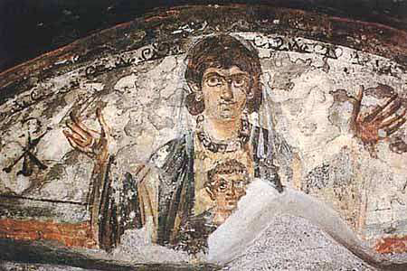Vierge orante avec l'Enfant-catacombe du cimetière majeur-rome- deuxième moitié IV°-wikimedia
